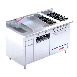 CORIAT MULTICHEF DE PISO MASTER Estufa a gas, con 4 quemadores, 1 plancha, 1 gratinador, 1 freidora 3 lt y 1 horno