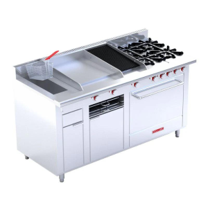 CORIAT MULTIPLE DE PISO MASTER Estufa a gas, con 4 quemadores, 1 asador, 1 plancha, 1 gratinador, 1 freidora de 3 lt y 1 horno.